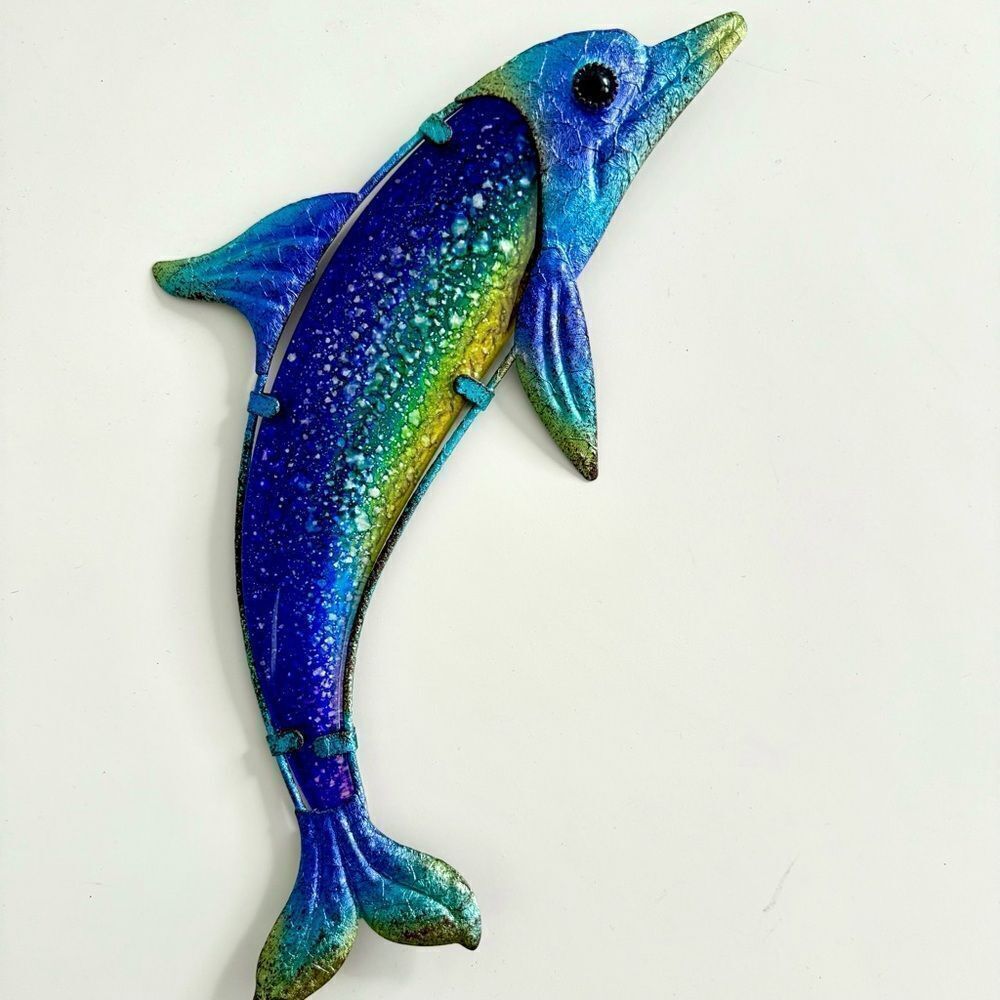 RARE OSALAD Garden Animal of Metal Dolphin Wall Artwork with Blue Painting Glass - Picture 2 of 7